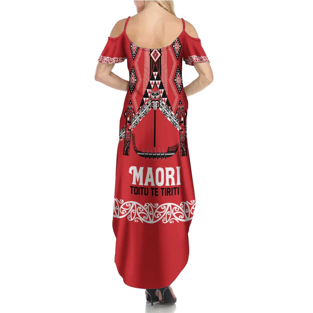 Toitu Te Tiriti Waitangi Family Matching Summer Maxi Dress and Hawaiian Shirt Red Wharenui House LT9 - Polynesian Pride