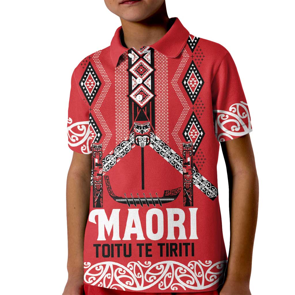 Toitu Te Tiriti Waitangi Kid Polo Shirt Red Wharenui House - Polynesian Pride