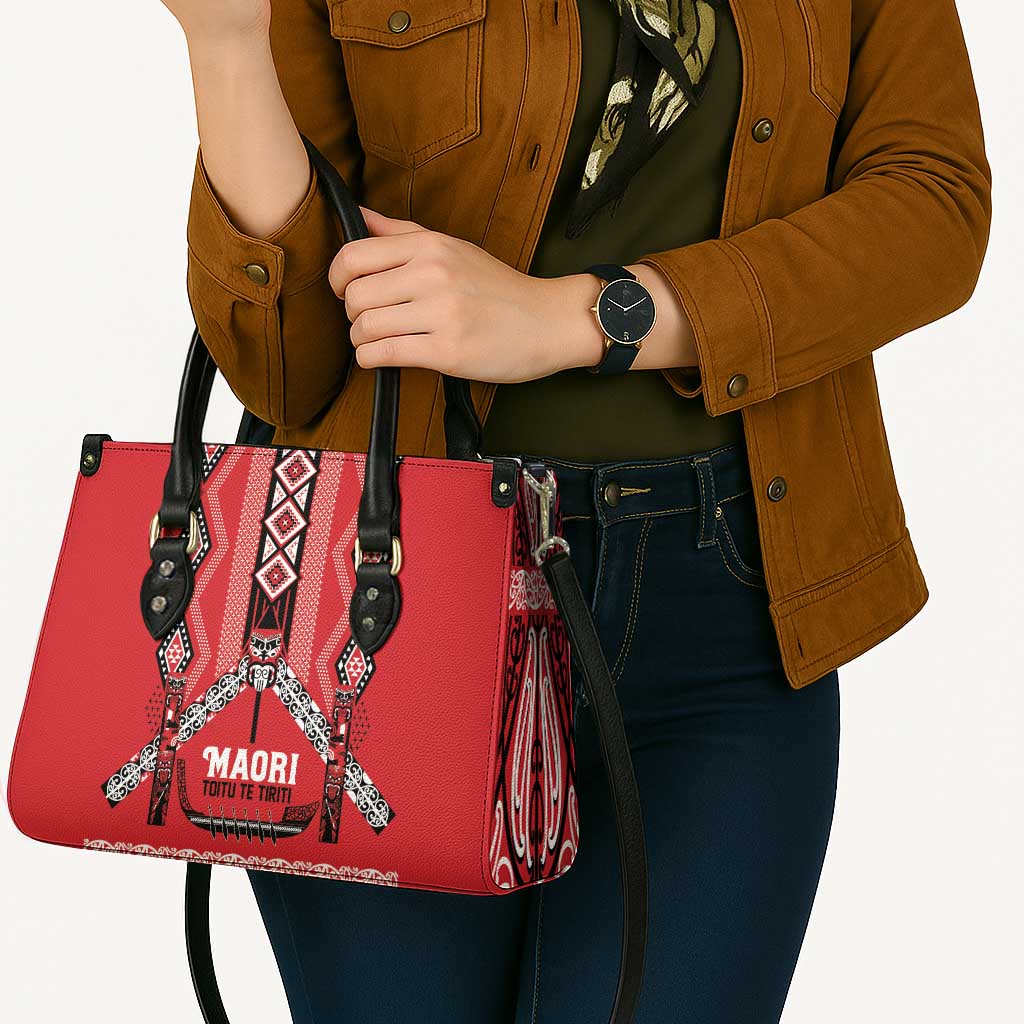 Toitu Te Tiriti Waitangi Leather Bag Red Wharenui House - Polynesian Pride