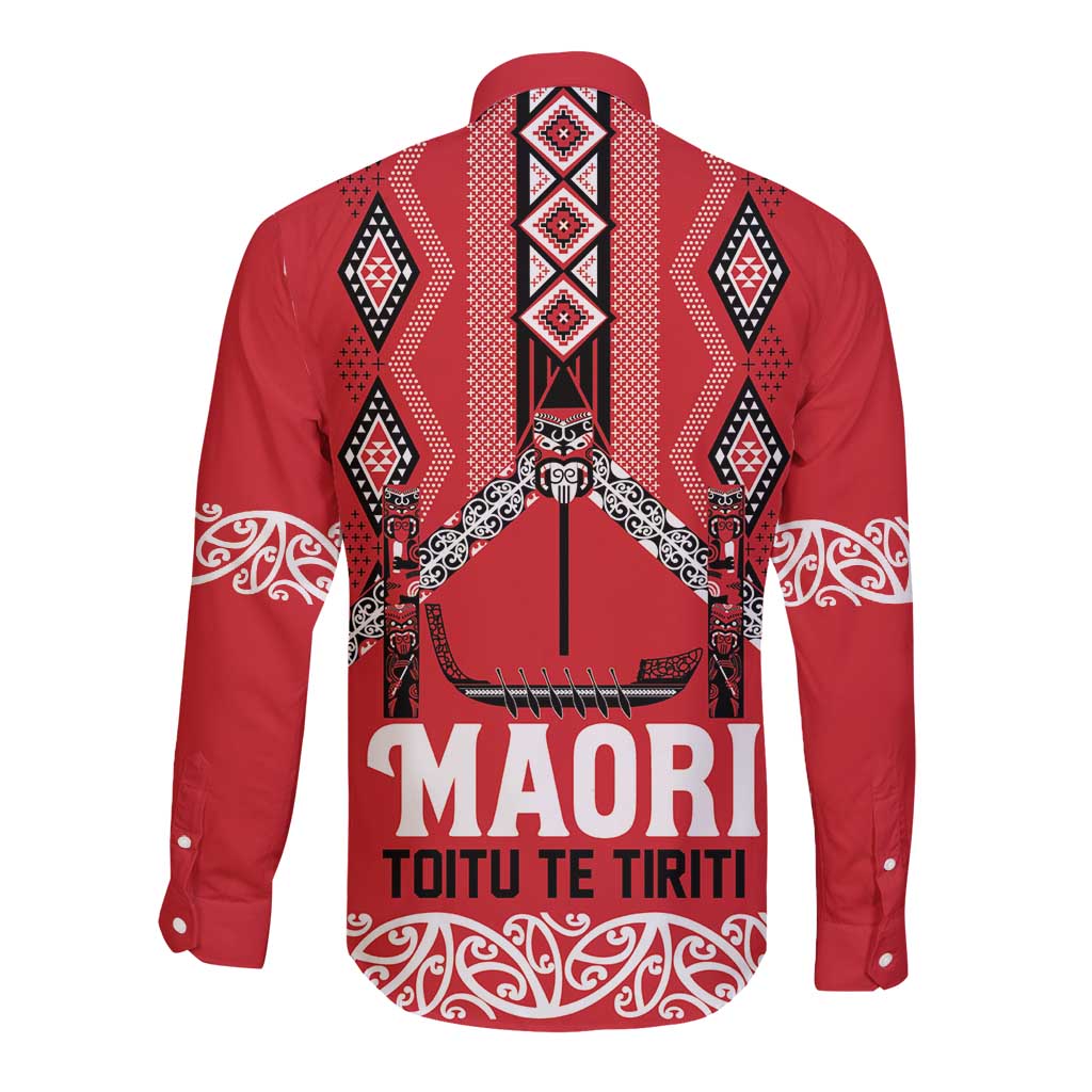 Toitu Te Tiriti Waitangi Long Sleeve Button Shirt Red Wharenui House - Polynesian Pride