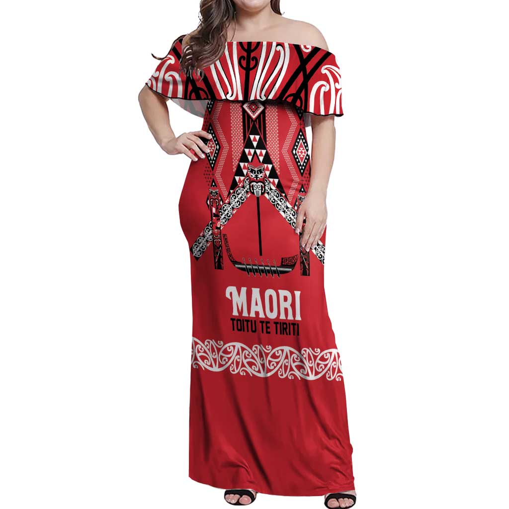Toitu Te Tiriti Waitangi Off Shoulder Maxi Dress Red Wharenui House - Polynesian Pride