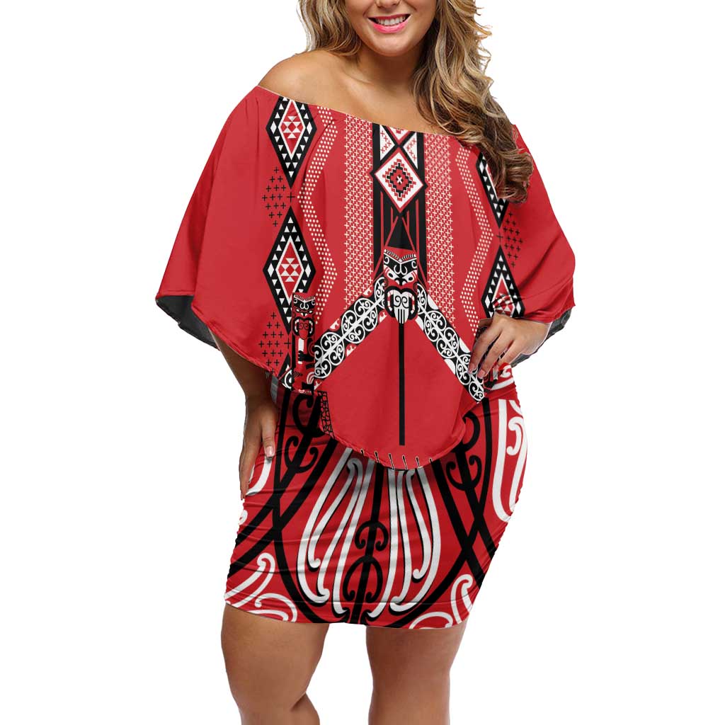 Toitu Te Tiriti Waitangi Off Shoulder Short Dress Red Wharenui House - Polynesian Pride