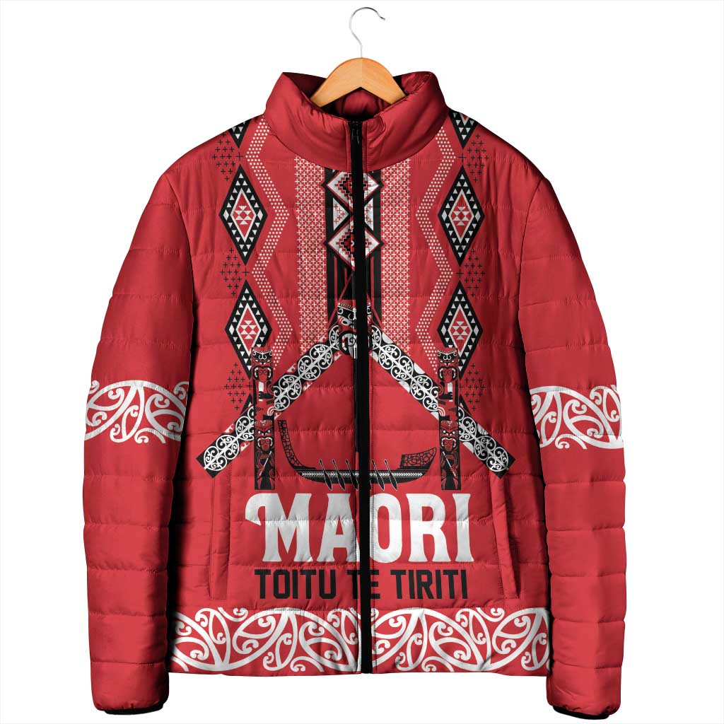 Toitu Te Tiriti Waitangi Padded Jacket Red Wharenui House - Polynesian Pride