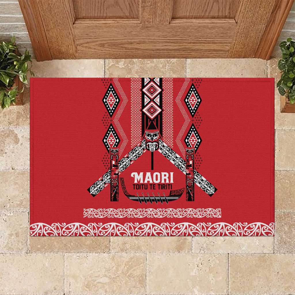 Toitu Te Tiriti Waitangi Rubber Doormat Red Wharenui House - Polynesian Pride
