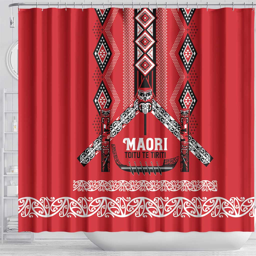 Toitu Te Tiriti Waitangi Shower Curtain Red Wharenui House - Polynesian Pride