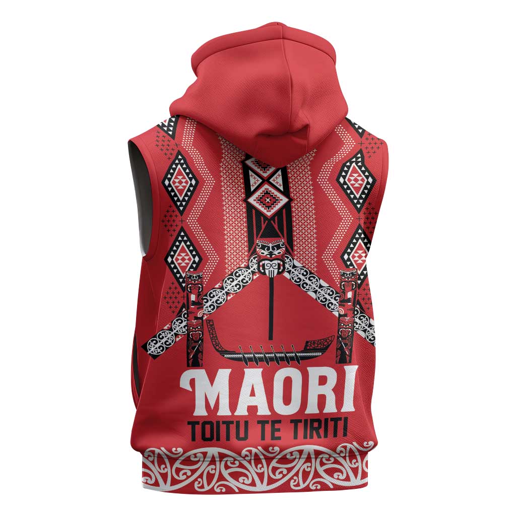 Toitu Te Tiriti Waitangi Sleeveless Zip Hoodie Red Wharenui House - Polynesian Pride