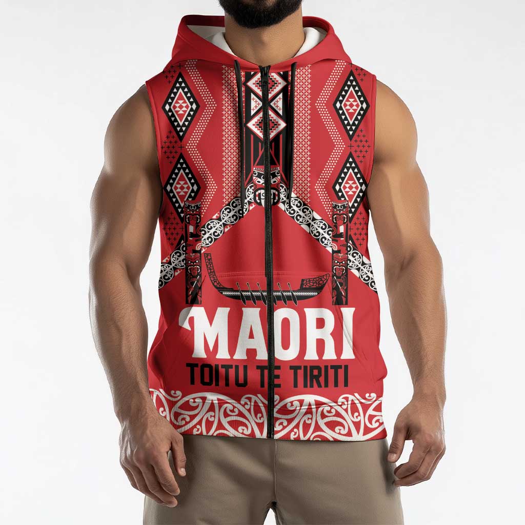 Toitu Te Tiriti Waitangi Sleeveless Zip Hoodie Red Wharenui House - Polynesian Pride
