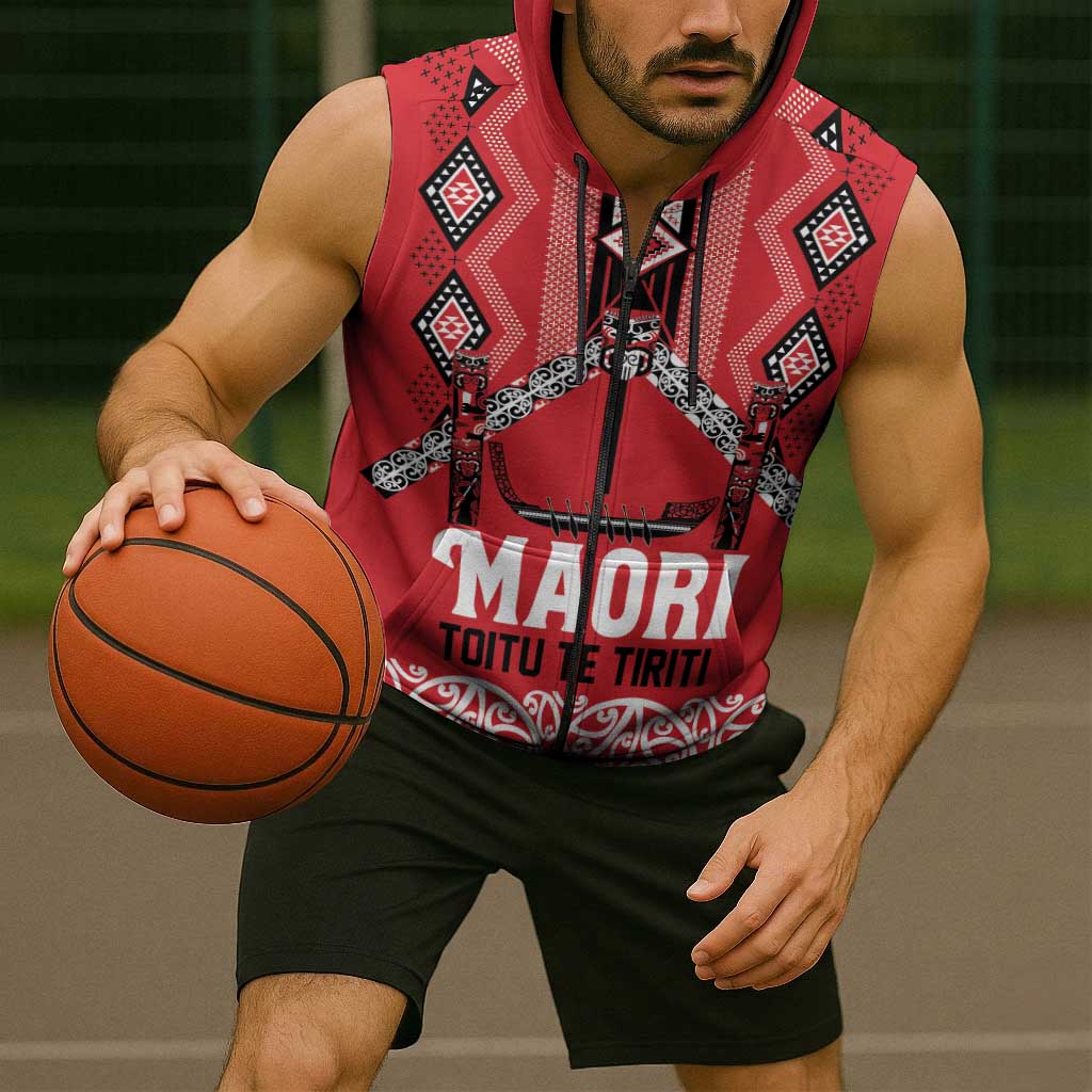 Toitu Te Tiriti Waitangi Sleeveless Zip Hoodie Red Wharenui House - Polynesian Pride