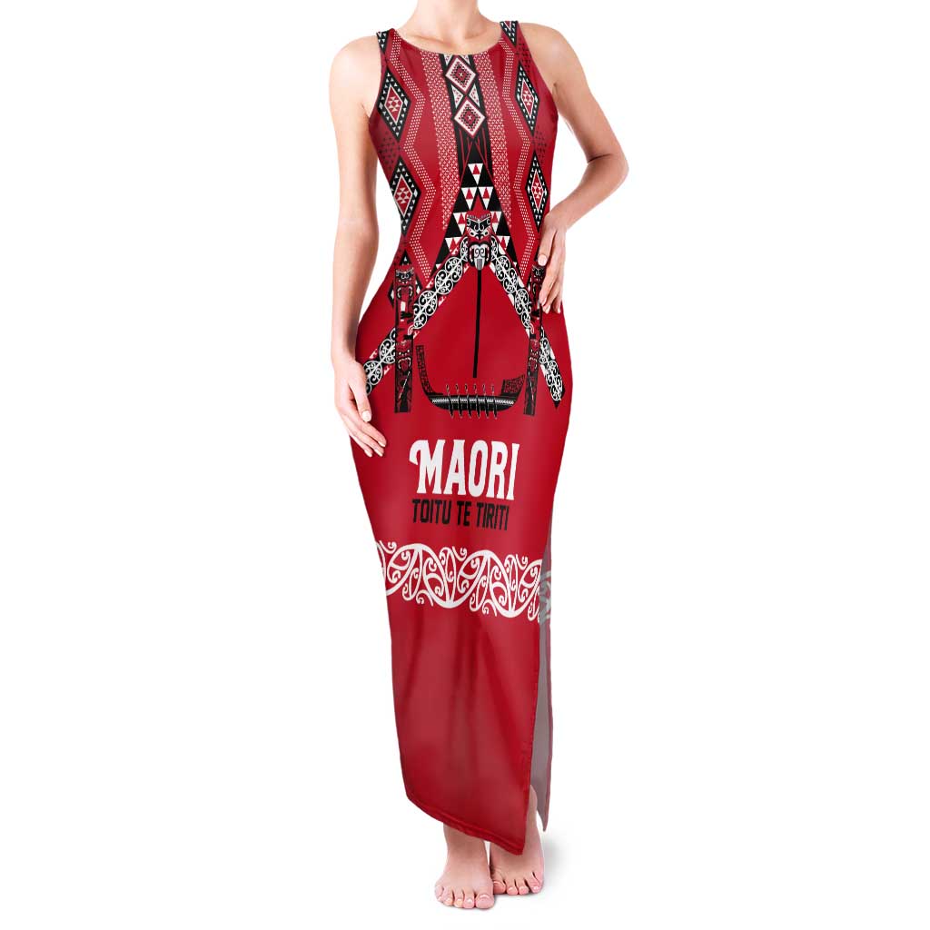 Toitu Te Tiriti Waitangi Tank Maxi Dress Red Wharenui House - Polynesian Pride