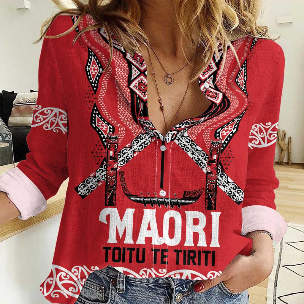 Toitu Te Tiriti Waitangi Women Casual Shirt Red Wharenui House - Polynesian Pride