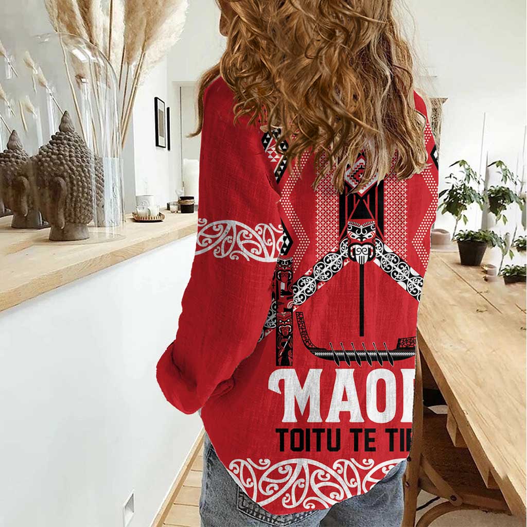 Toitu Te Tiriti Waitangi Women Casual Shirt Red Wharenui House - Polynesian Pride
