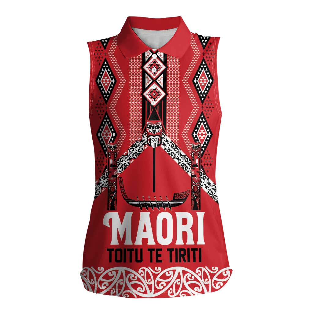Toitu Te Tiriti Waitangi Women Sleeveless Polo Shirt Red Wharenui House - Polynesian Pride