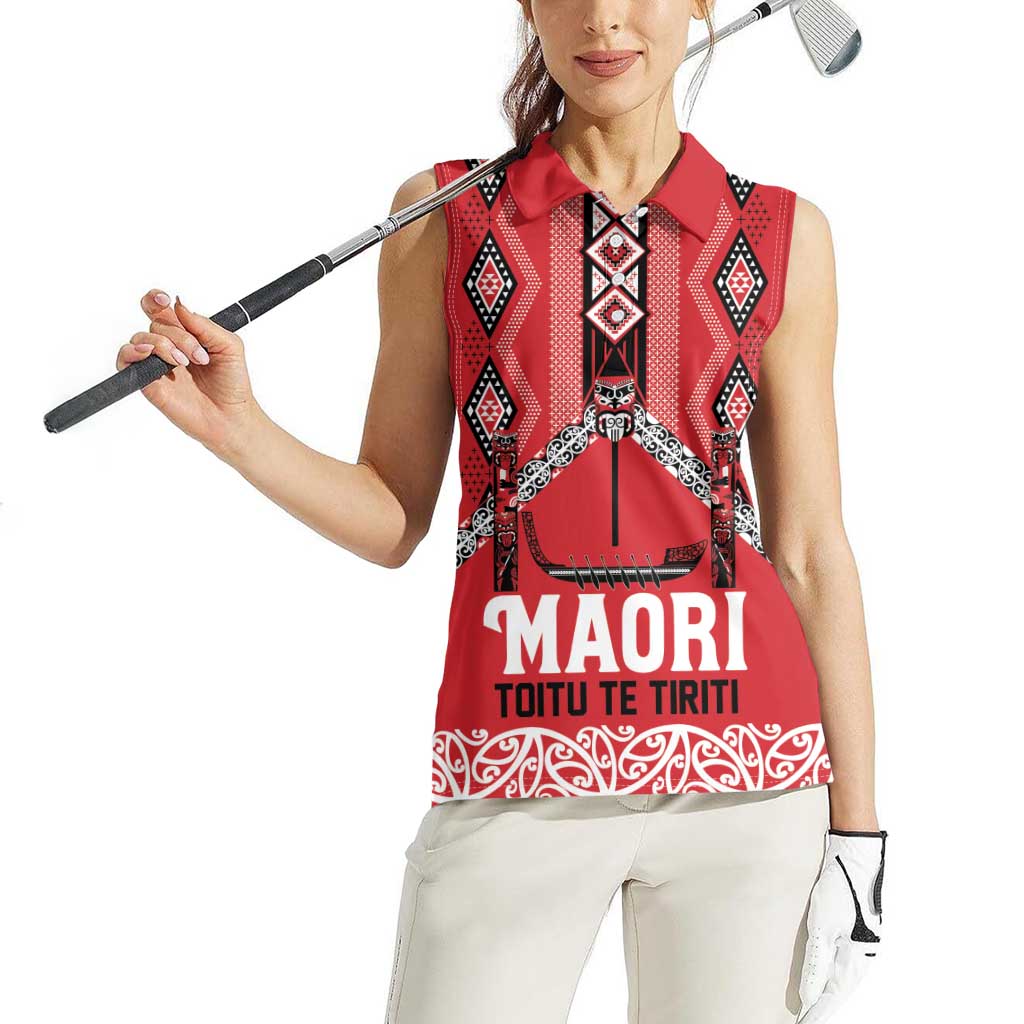 Toitu Te Tiriti Waitangi Women Sleeveless Polo Shirt Red Wharenui House - Polynesian Pride