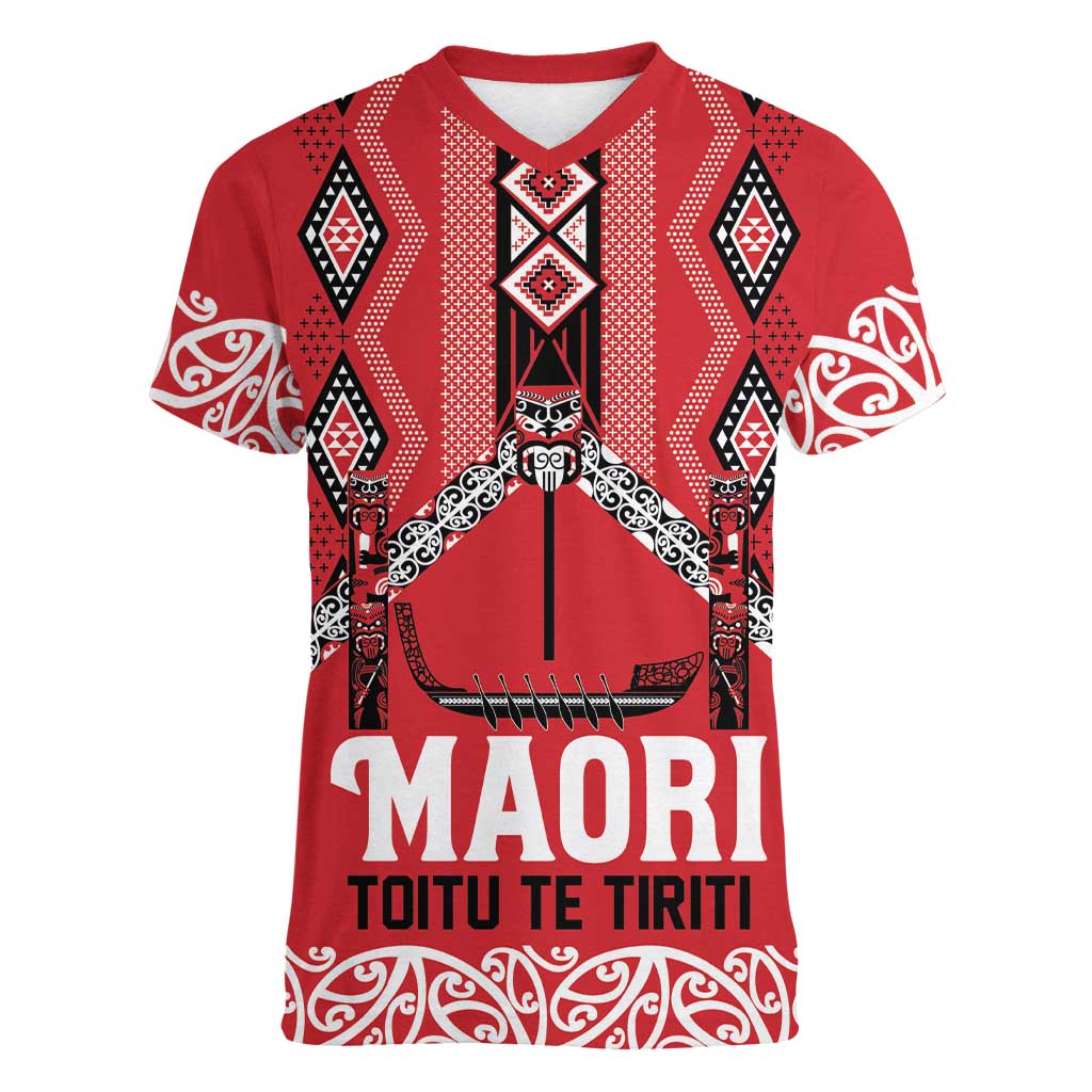 Toitu Te Tiriti Waitangi Women V-Neck T-Shirt Red Wharenui House - Polynesian Pride