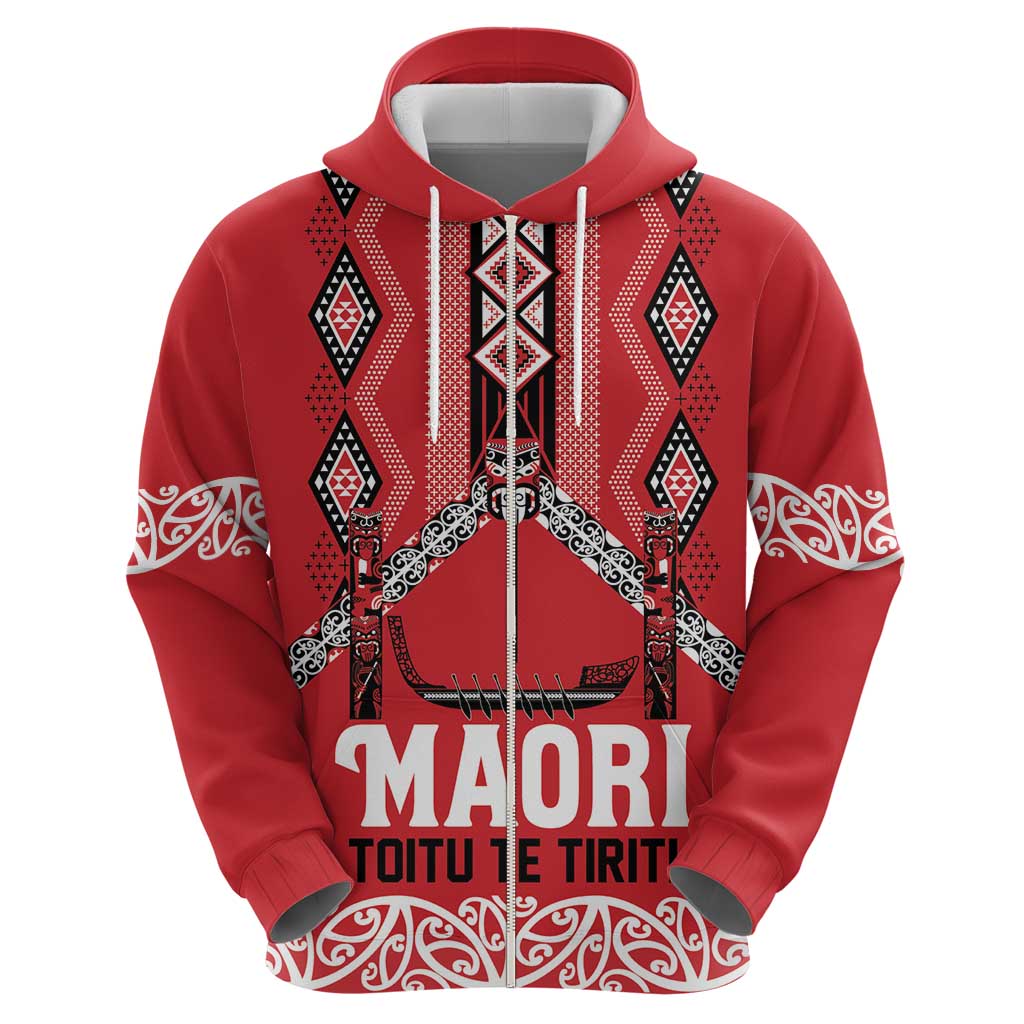 Toitu Te Tiriti Waitangi Zip Hoodie Red Wharenui House - Polynesian Pride