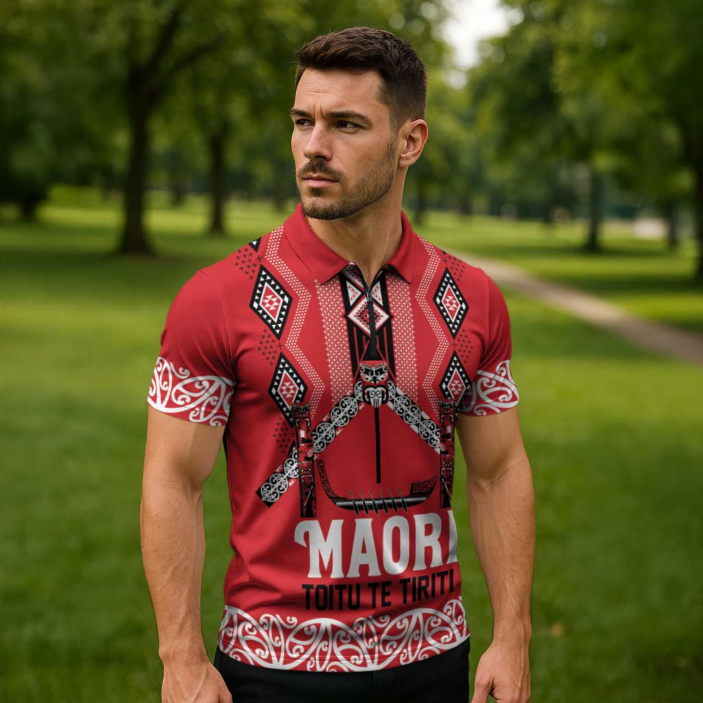 Toitu Te Tiriti Waitangi Zipper Polo Shirt Red Wharenui House - Polynesian Pride