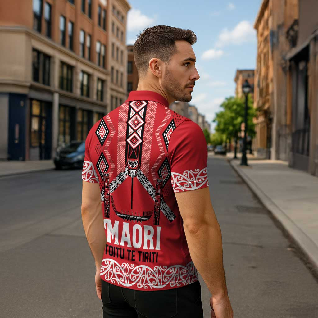 Toitu Te Tiriti Waitangi Zipper Polo Shirt Red Wharenui House - Polynesian Pride