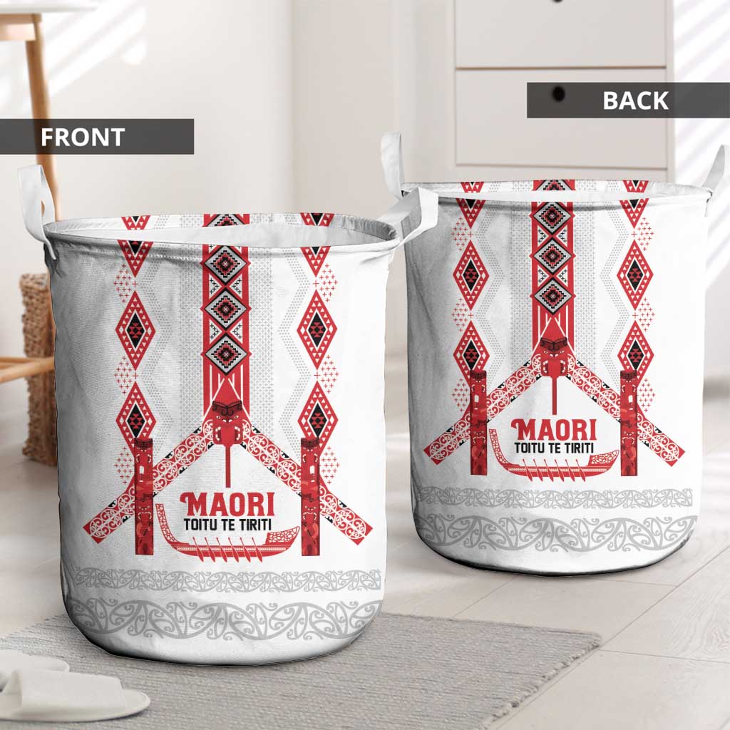 Toitu Te Tiriti Waitangi Laundry Basket White Wharenui House - Polynesian Pride