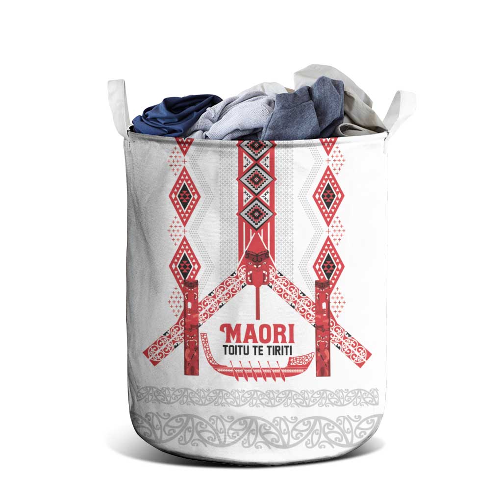 Toitu Te Tiriti Waitangi Laundry Basket White Wharenui House - Polynesian Pride