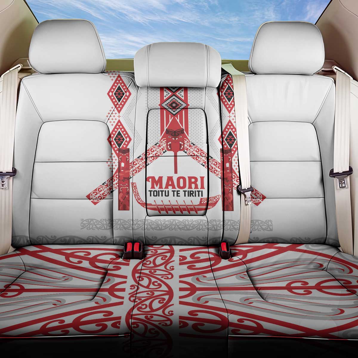 Toitu Te Tiriti Waitangi Back Car Seat Cover White Wharenui House - Polynesian Pride