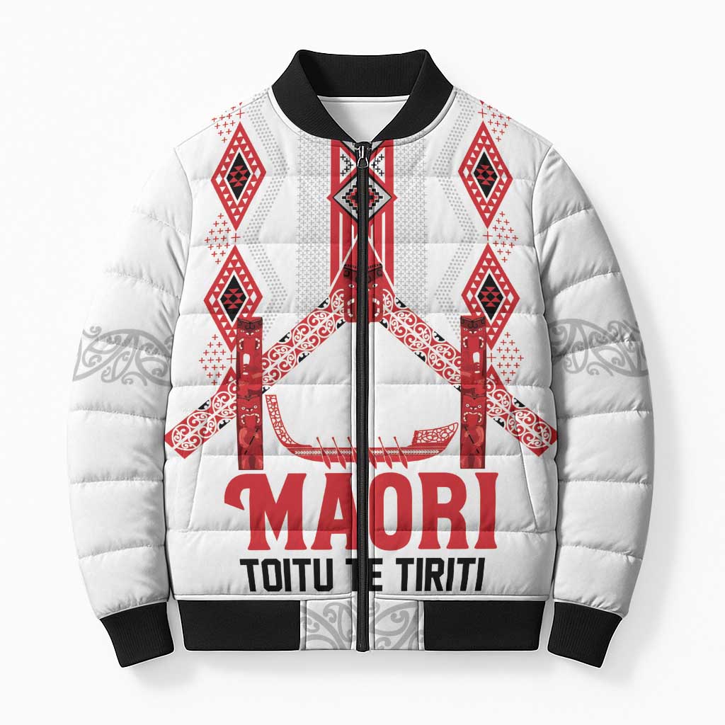 Toitu Te Tiriti Waitangi Bomber Puffer Jacket White Wharenui House - Polynesian Pride