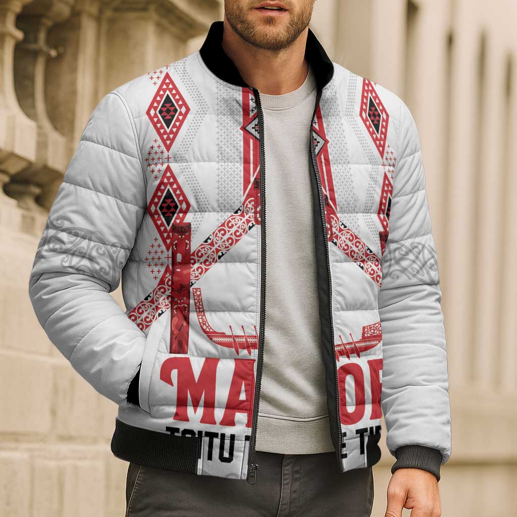 Toitu Te Tiriti Waitangi Bomber Puffer Jacket White Wharenui House - Polynesian Pride