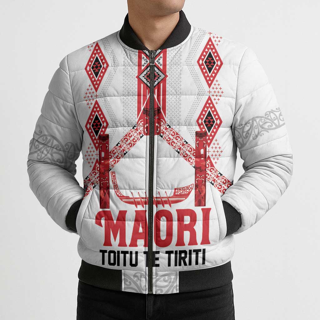 Toitu Te Tiriti Waitangi Bomber Puffer Jacket White Wharenui House - Polynesian Pride