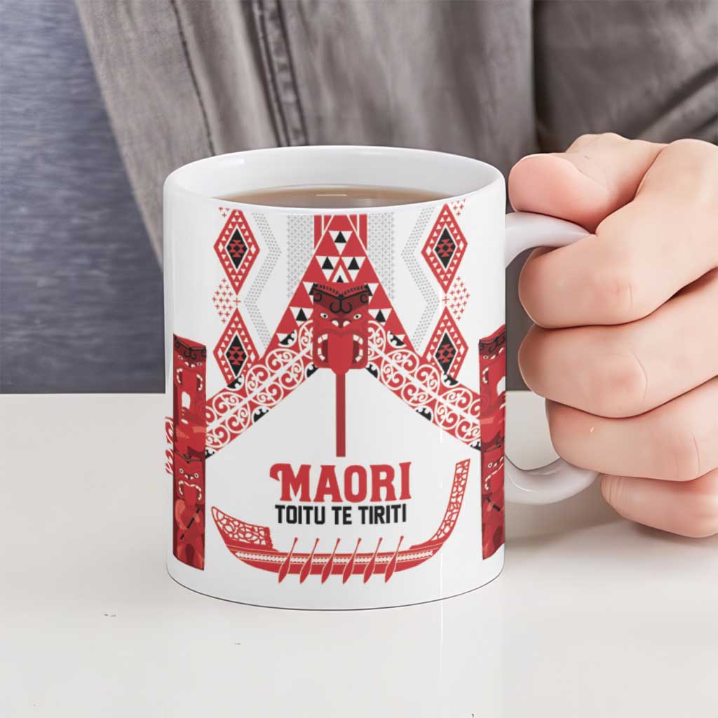 Toitu Te Tiriti Waitangi Ceramic Mug White Wharenui House - Polynesian Pride