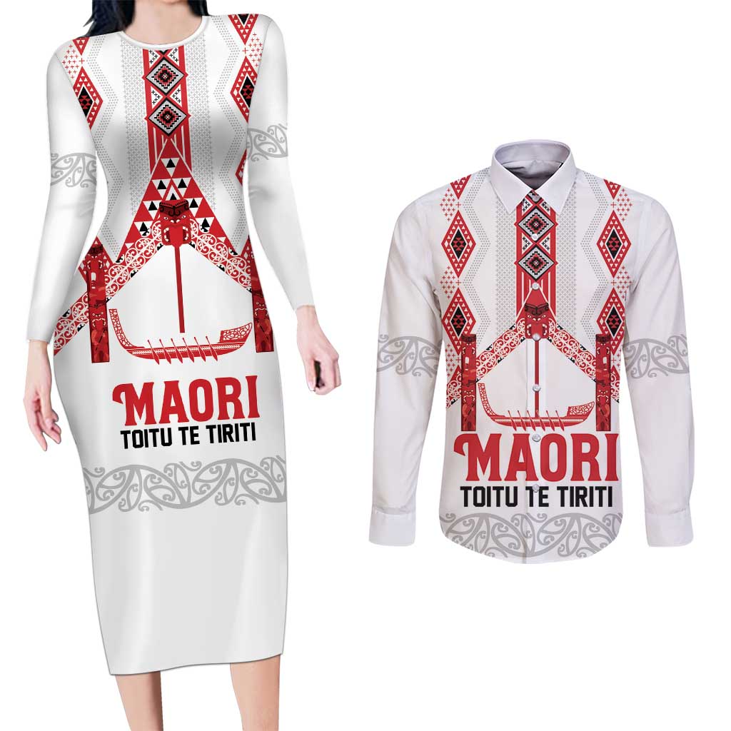 Toitu Te Tiriti Waitangi Couples Matching Long Sleeve Bodycon Dress and Long Sleeve Button Shirt White Wharenui House LT9 white - Polynesian Pride