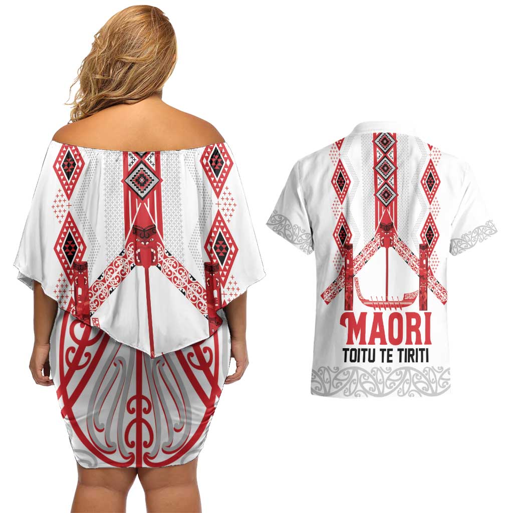 Toitu Te Tiriti Waitangi Couples Matching Off Shoulder Short Dress and Hawaiian Shirt White Wharenui House LT9 - Polynesian Pride