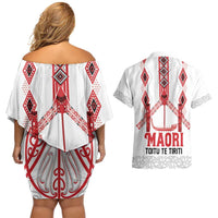Toitu Te Tiriti Waitangi Couples Matching Off Shoulder Short Dress and Hawaiian Shirt White Wharenui House LT9 - Polynesian Pride