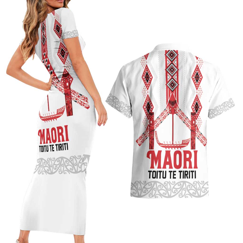 Toitu Te Tiriti Waitangi Couples Matching Short Sleeve Bodycon Dress and Hawaiian Shirt White Wharenui House LT9 - Polynesian Pride