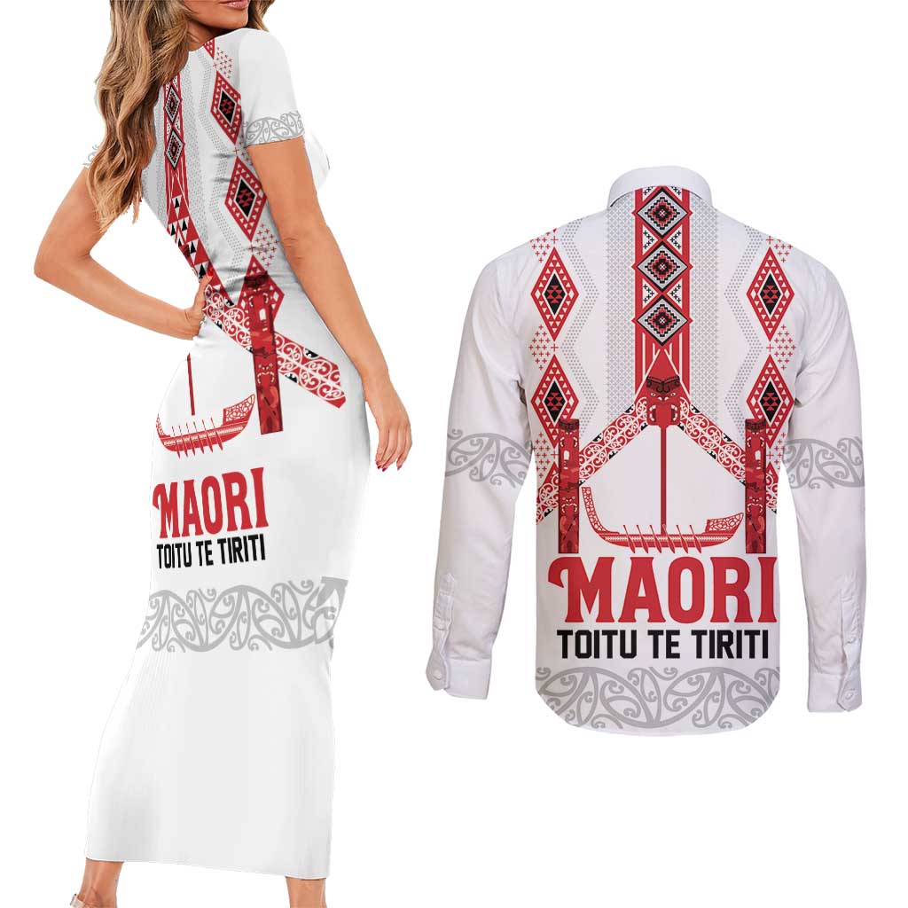 Toitu Te Tiriti Waitangi Couples Matching Short Sleeve Bodycon Dress and Long Sleeve Button Shirt White Wharenui House LT9 - Polynesian Pride