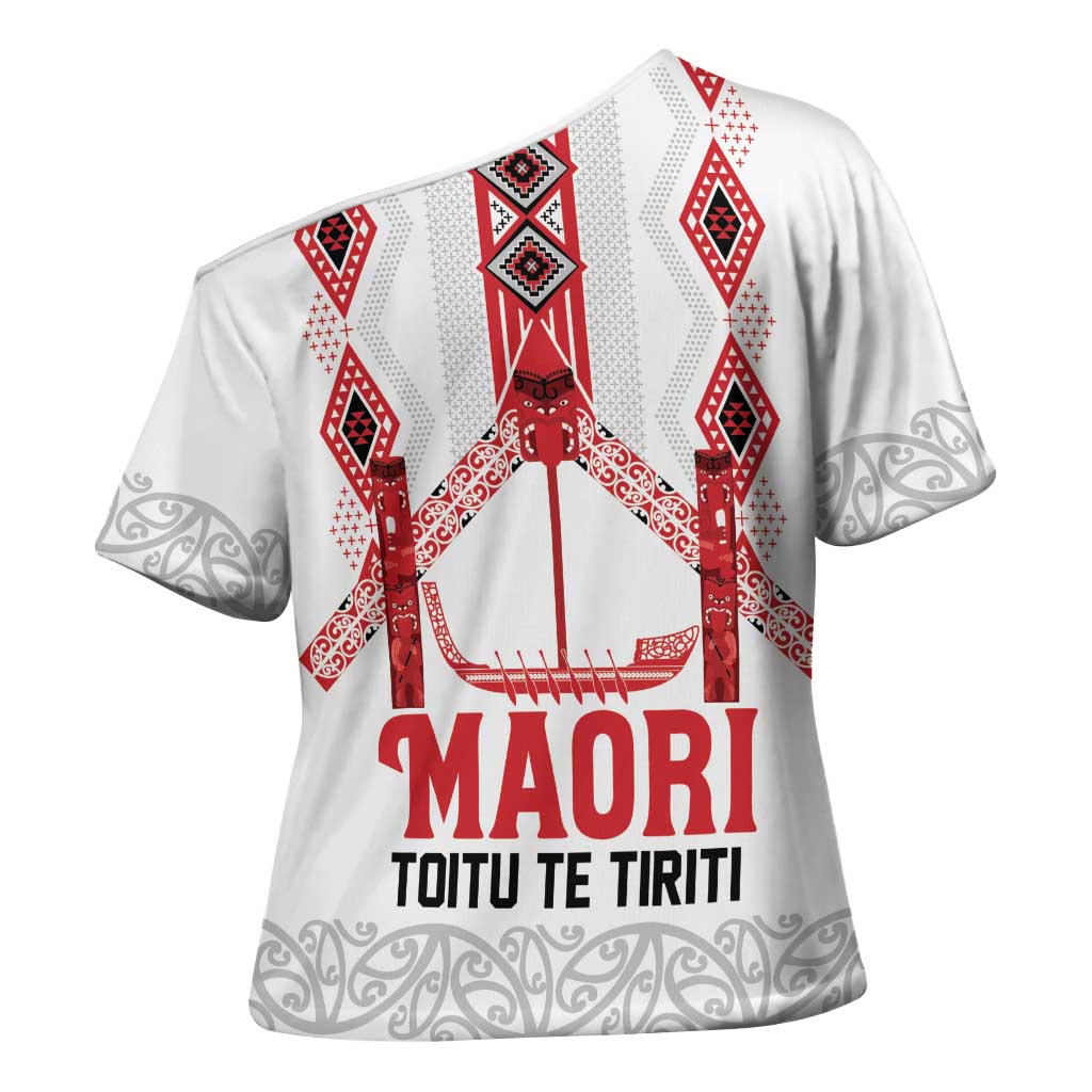 Toitu Te Tiriti Waitangi Cross Shoulder Shirt White Wharenui House - Polynesian Pride