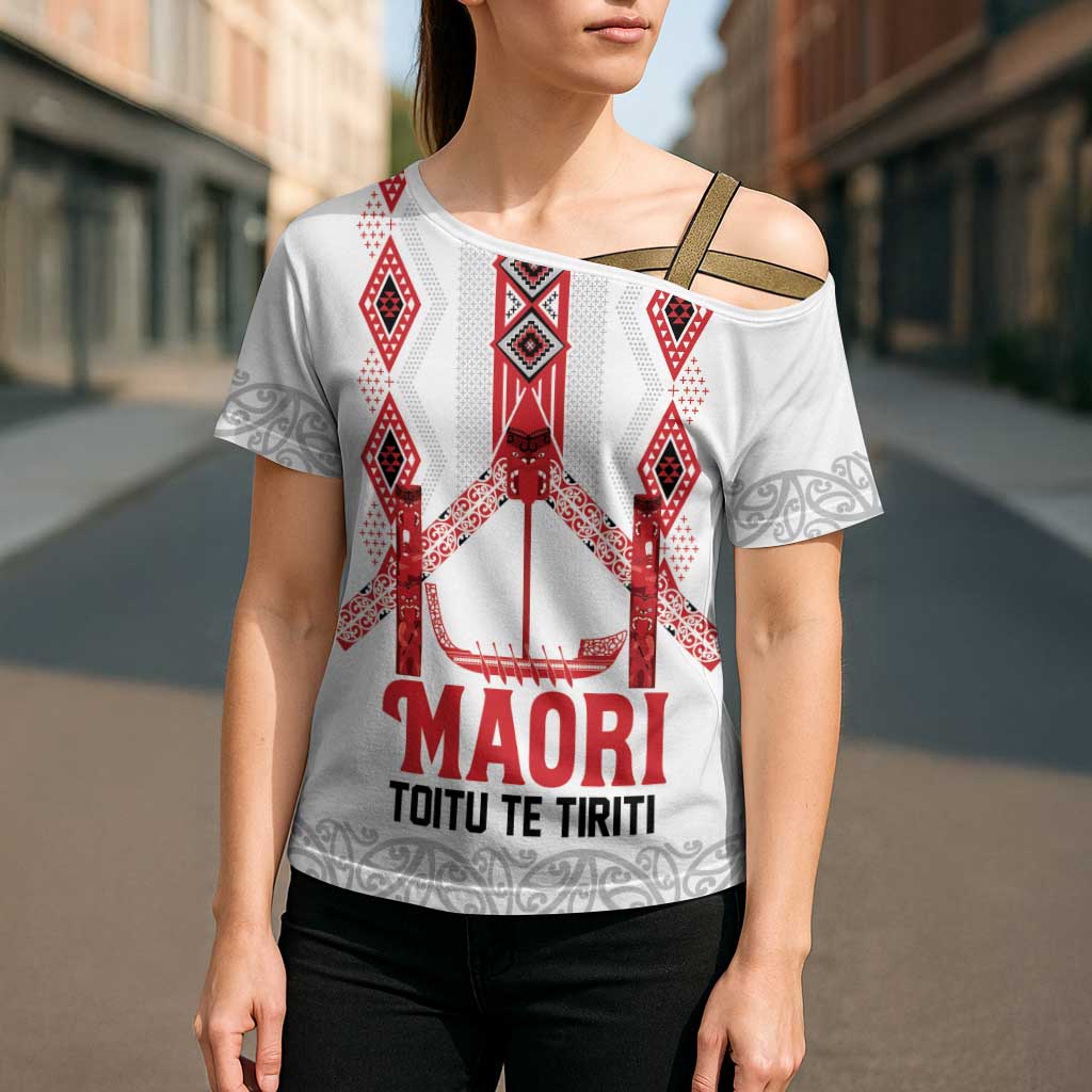 Toitu Te Tiriti Waitangi Cross Shoulder Shirt White Wharenui House - Polynesian Pride
