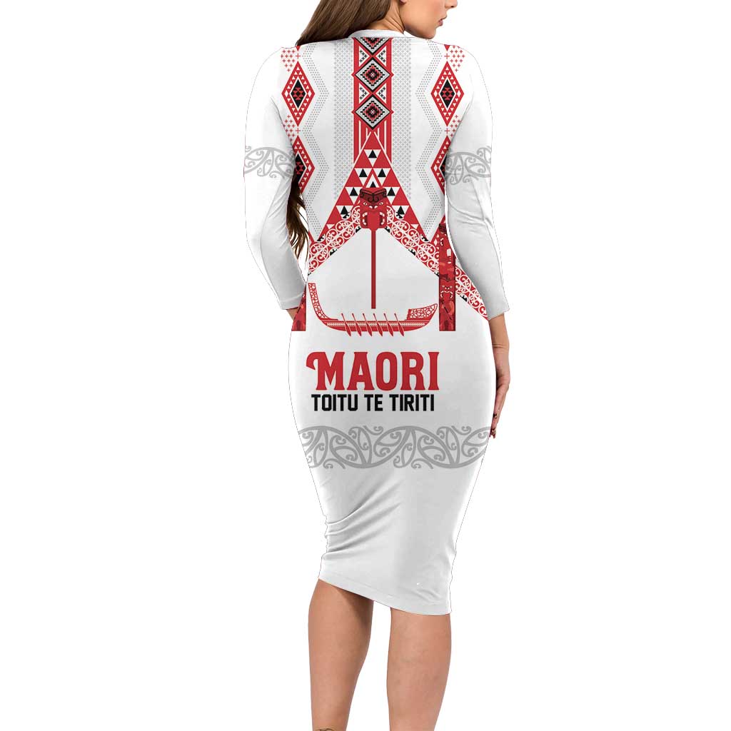 Toitu Te Tiriti Waitangi Family Matching Long Sleeve Bodycon Dress and Hawaiian Shirt White Wharenui House LT9 - Polynesian Pride