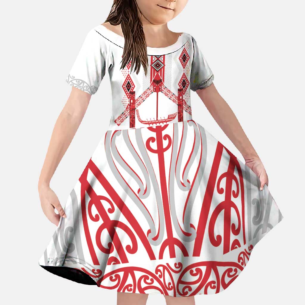 Toitu Te Tiriti Waitangi Family Matching Mermaid Dress and Hawaiian Shirt White Wharenui House LT9 Daughter's Dress white - Polynesian Pride