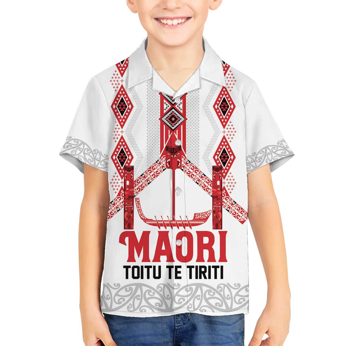 Toitu Te Tiriti Waitangi Family Matching Off The Shoulder Long Sleeve Dress and Hawaiian Shirt White Wharenui House LT9 Son's Shirt white - Polynesian Pride