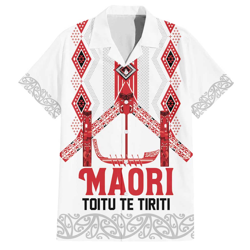 Toitu Te Tiriti Waitangi Family Matching Off Shoulder Maxi Dress and Hawaiian Shirt White Wharenui House LT9 Dad's Shirt - Short Sleeve white - Polynesian Pride