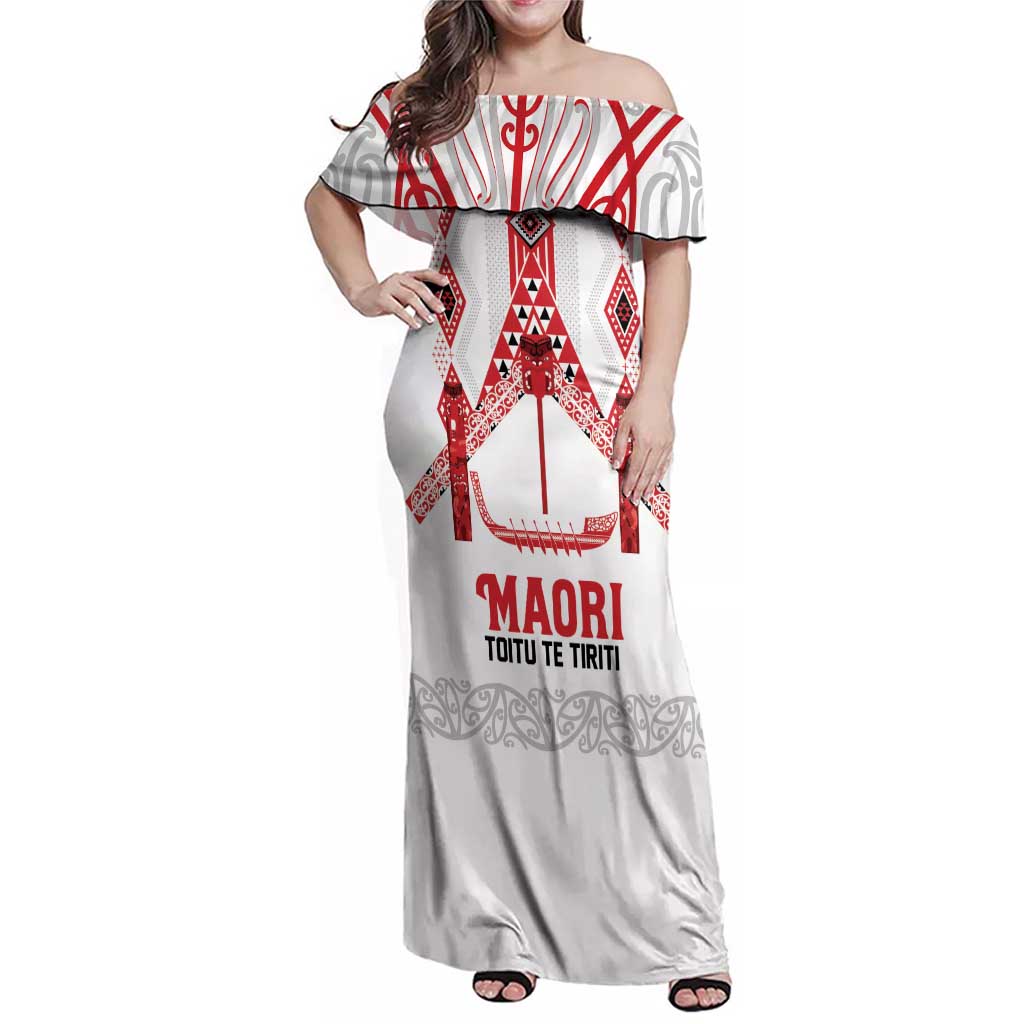 Toitu Te Tiriti Waitangi Family Matching Off Shoulder Maxi Dress and Hawaiian Shirt White Wharenui House LT9 Mom's Dress white - Polynesian Pride