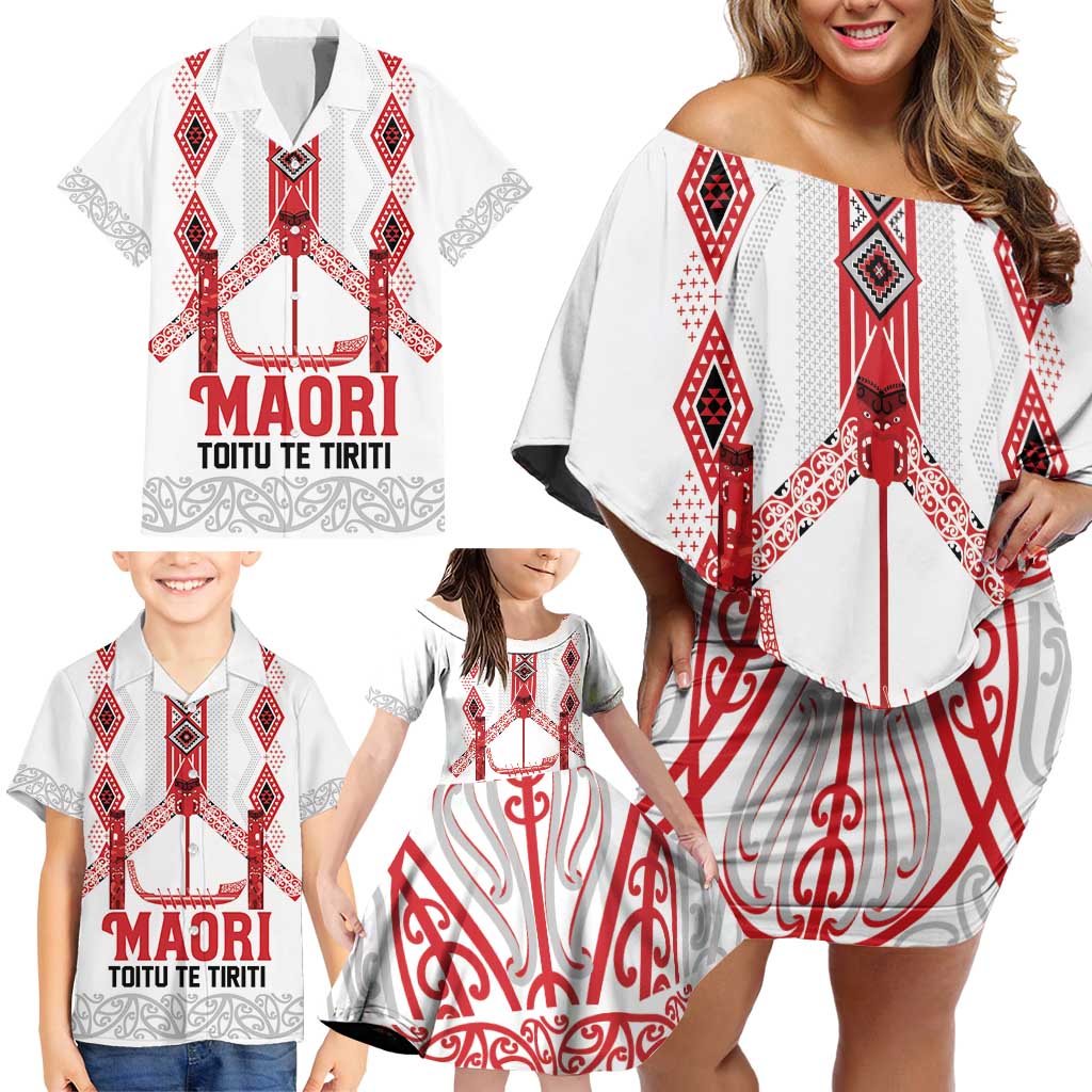 Toitu Te Tiriti Waitangi Family Matching Off Shoulder Short Dress and Hawaiian Shirt White Wharenui House LT9 - Polynesian Pride