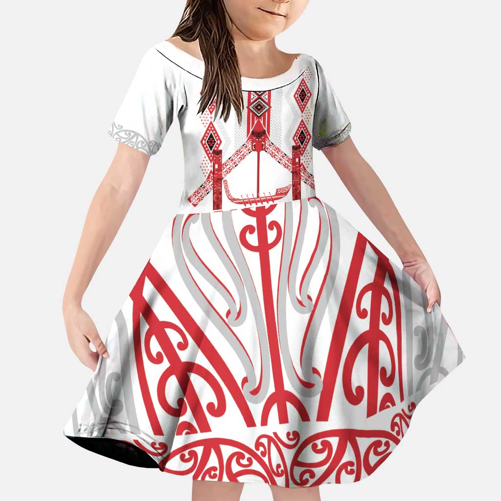 Toitu Te Tiriti Waitangi Family Matching Puletasi and Hawaiian Shirt White Wharenui House LT9 Daughter's Dress white - Polynesian Pride