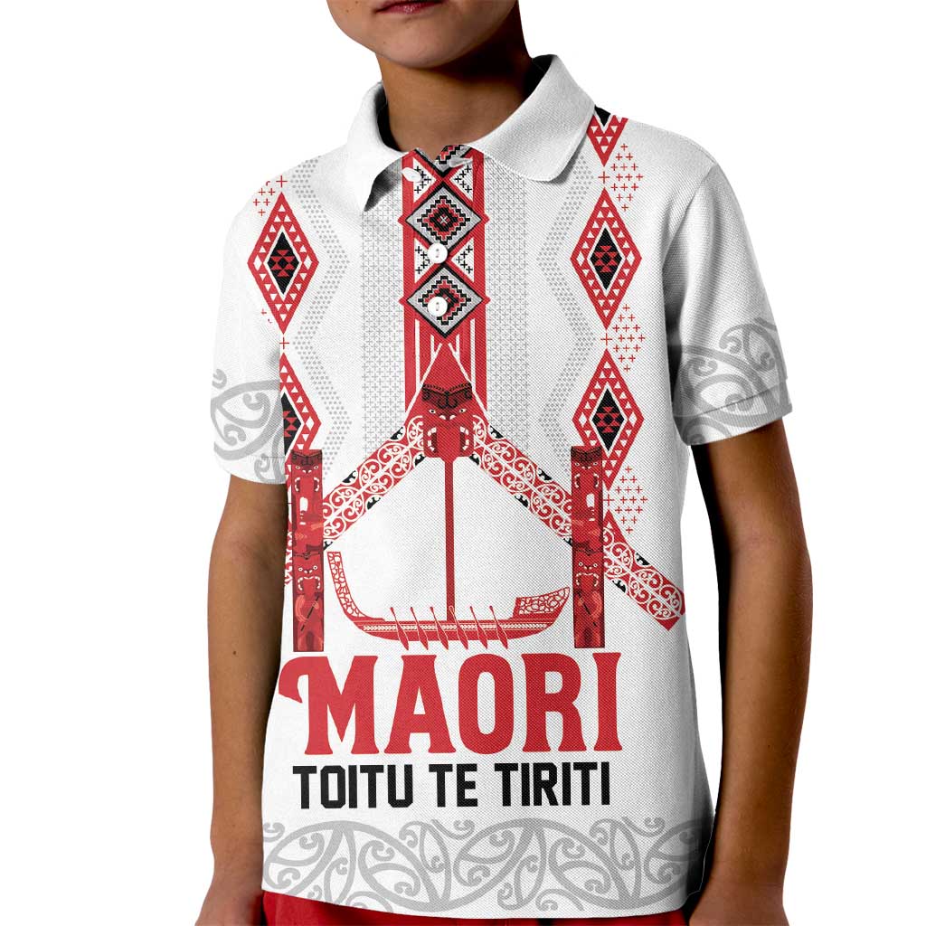 Toitu Te Tiriti Waitangi Kid Polo Shirt White Wharenui House - Polynesian Pride