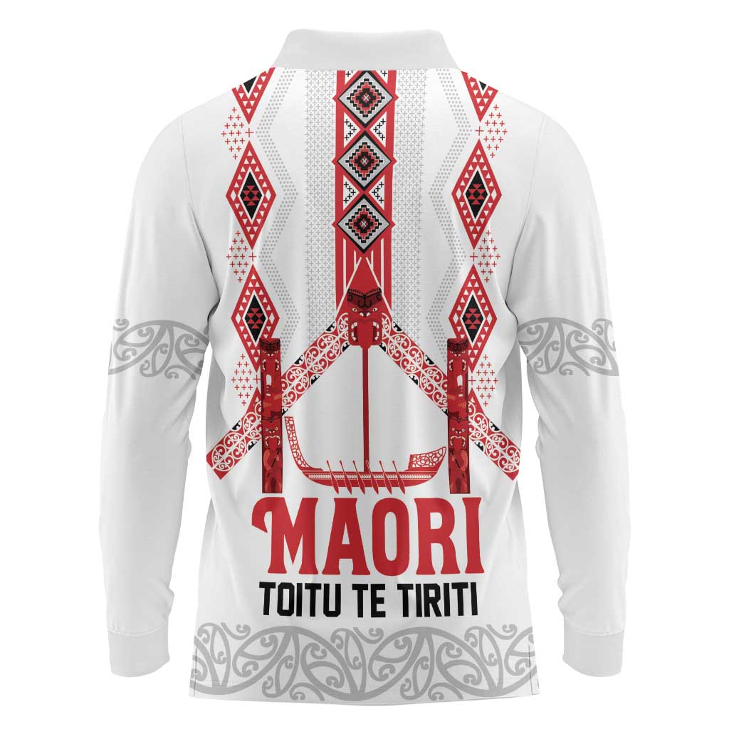 Toitu Te Tiriti Waitangi Long Sleeve Polo Shirt White Wharenui House - Polynesian Pride