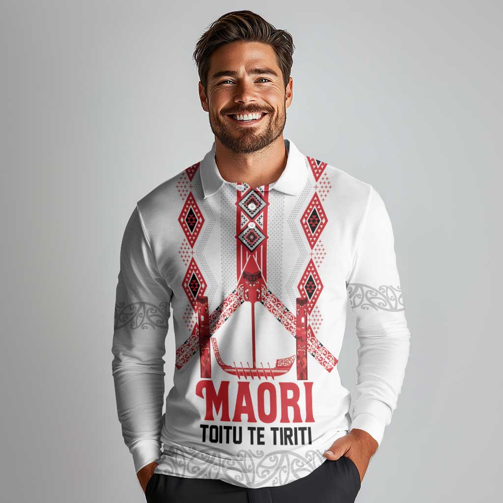 Toitu Te Tiriti Waitangi Long Sleeve Polo Shirt White Wharenui House - Polynesian Pride