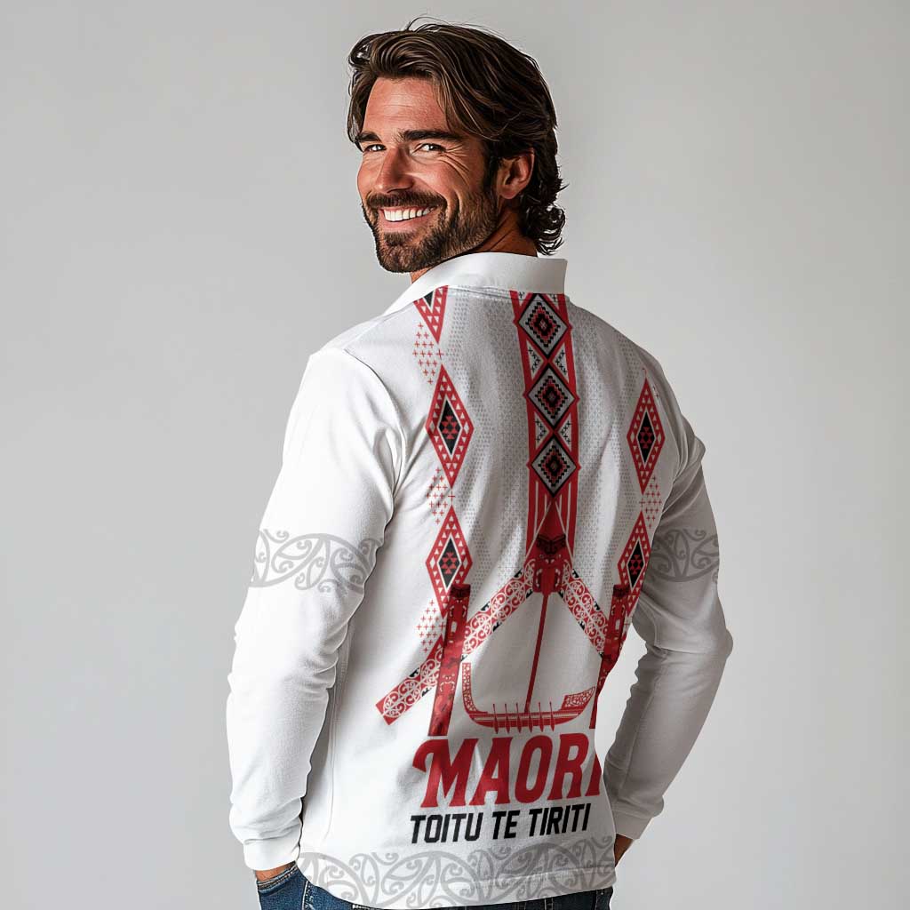 Toitu Te Tiriti Waitangi Long Sleeve Polo Shirt White Wharenui House - Polynesian Pride