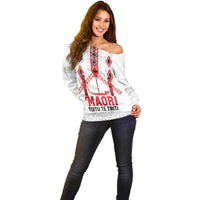 Toitu Te Tiriti Waitangi Off Shoulder Sweater White Wharenui House - Polynesian Pride