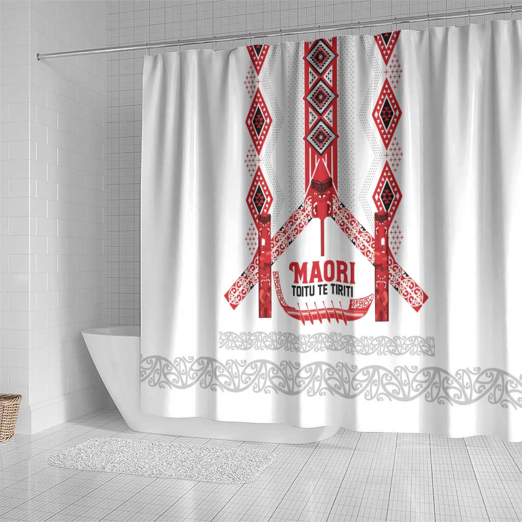 Toitu Te Tiriti Waitangi Shower Curtain White Wharenui House - Polynesian Pride