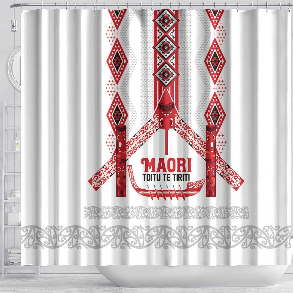 Toitu Te Tiriti Waitangi Shower Curtain White Wharenui House - Polynesian Pride