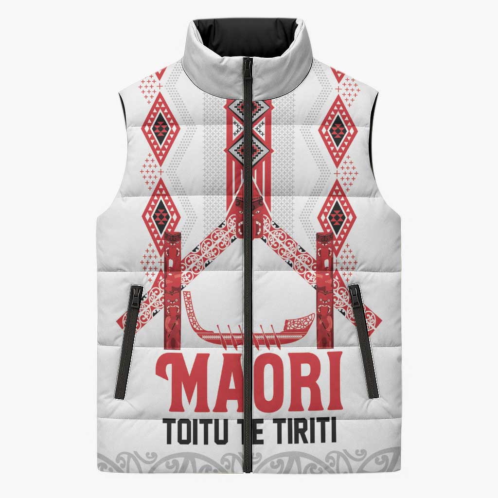 Toitu Te Tiriti Waitangi Sleeveless Puffer Jacket White Wharenui House - Polynesian Pride